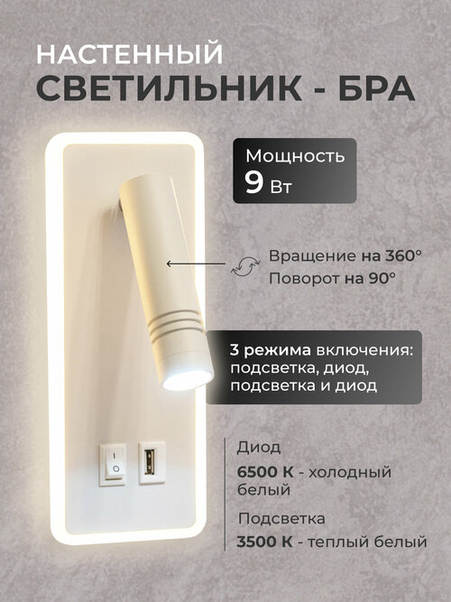 Светильник бра светодиодный настенный с выключателем и подсветкой USB-портом, Белый, 9 Вт.