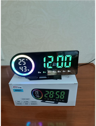 Часы настольные электронные от сети с будильником термометром гигрометром для интерьера комнаты школы работы для дома W601