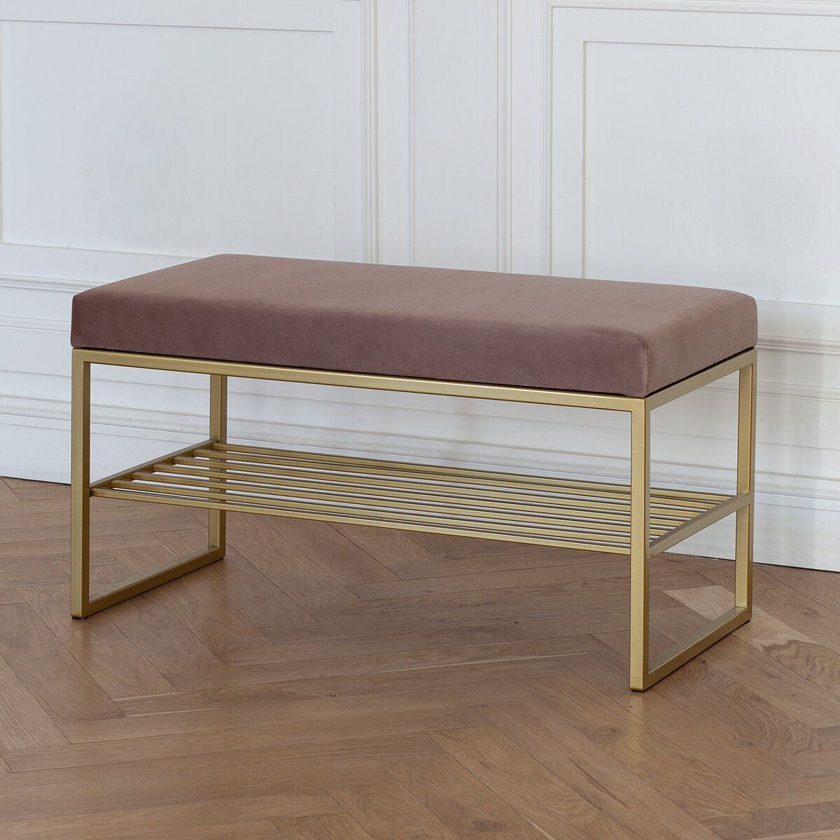 Банкетка в прихожую GREENWEEN RUBY MINI, золотой каркас, сидение велюр цвет Mocco, 850х400х450 — фото 1