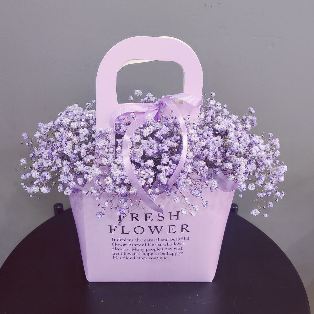 Композиция в сумочке Цветочный ЛЕС Fresh из гипсофилы 20 см лавандовый