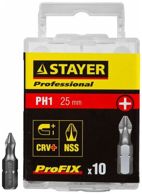 Биты STAYER "PROFESSIONAL" ProFix Phillips, тип хвостовика C 1/4", № 1, L=25мм, 10шт