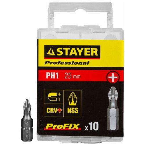 Биты STAYER PROFESSIONAL ProFix Phillips, тип хвостовика C 1/4, № 1, L=25мм, 10шт stayer биты stayer professional profix phillips тип хвостовика c 1 4 2 l 25мм 10шт 26201 2 25 10 z01