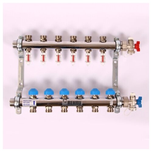 Коллекторная группа из нержавеющей стали с термостатическими вентилями и расходомерами REHAU 1x3/4 6 выходов