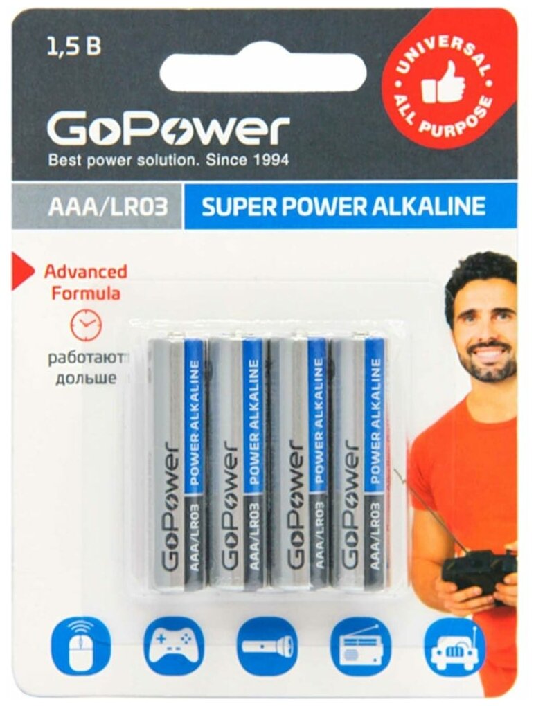 00-00015602 Super Power Alkaline Элемент питания AAA/LR03 щелочной 1.5В, 4шт, GoPower