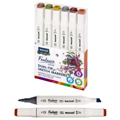 Набор маркеров для скетчинга двусторонних FANTASIA WHITE, 6 цв, Wood colors (древесные цвета)