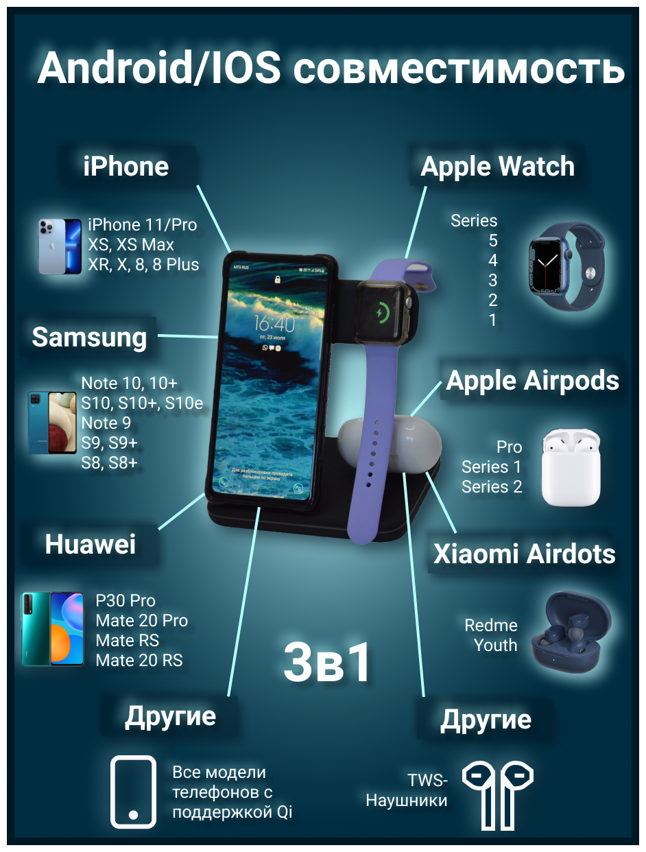Беспроводное зарядное устройство 3 в 1 для iPhone и Samsung EnergyDay/ Зарядка для наушников AirPods AirPods Pro и часов Apple Watch/ Док-станция