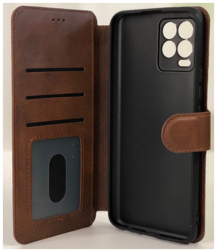 Чехол книжка для Realme 8 кожаный коричневый с магнитной застежкой / flip чехол с функцией подставки