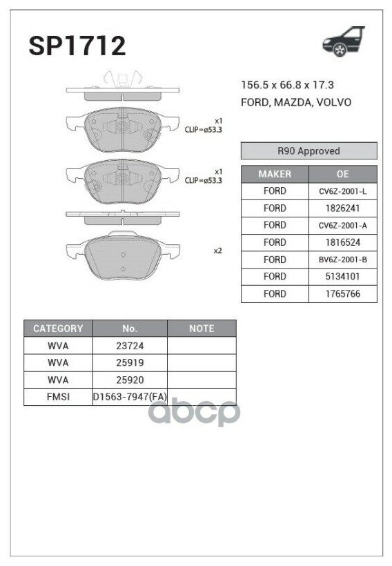 Колодки тормозные передние FORD FOCUS II 04-/III 10-/MAZDA 3 03-/VOLVO S40 04- SP1712