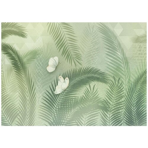 Листья пальмы и бабочки - Виниловые фотообои, (211х150 см) одуванчики и бабочки серый виниловые фотообои 211х150 см