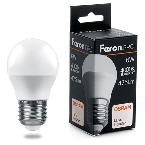 фото Лампа светодиодная led 6вт е27 белый матовый шар feron.pro osram (lb-1406)