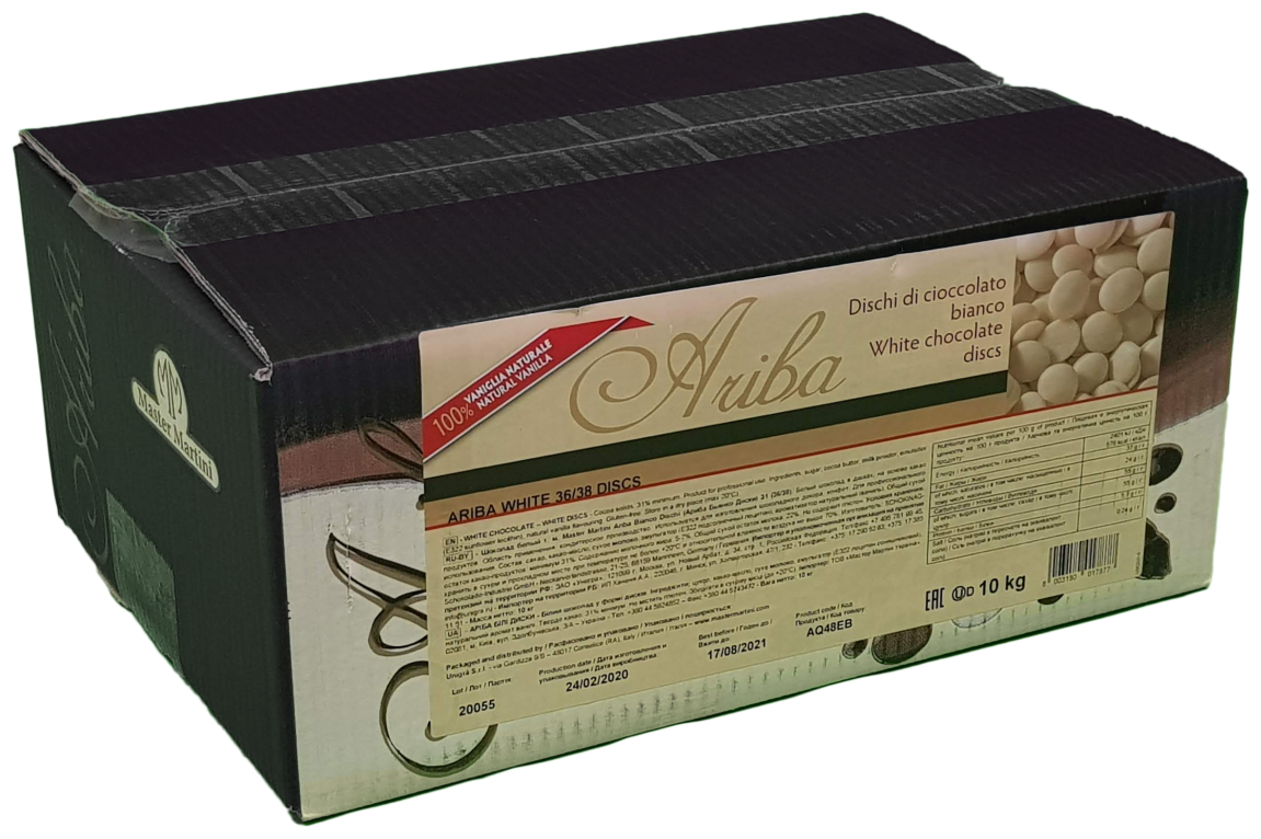 Белый шоколад Ariba Bianco Dichi (36/38) в форме дисков, коробка 10 кг