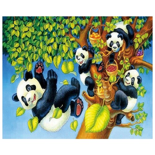 Алмазная вышивка New World «Маленькие панды собирают урожай на дереве»