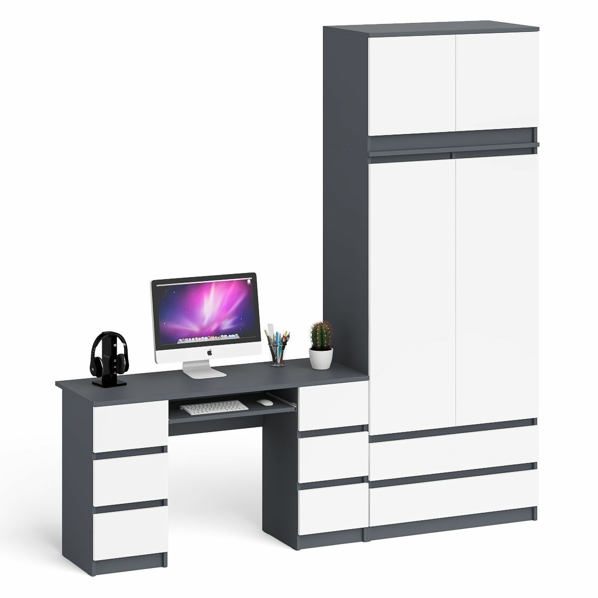 Стол 2-х тумбовый компьютерный СВК Мори со шкафом и антресолью цвет графит/белый, 225,8х50,4х234,2 см.