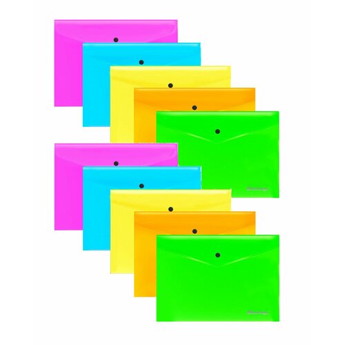 Набор из 10 шт. - Папка-конверт на кнопке Berlingo Neon В5, 200 мкм, ассорти неоновых цветов