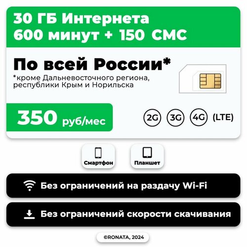 SIM-карта 600 минут + 30 гб интернет 3G/4G + 150 СМС за 350 руб/мес (смартфон) + безлимит на мессенджеры (Москва и область)