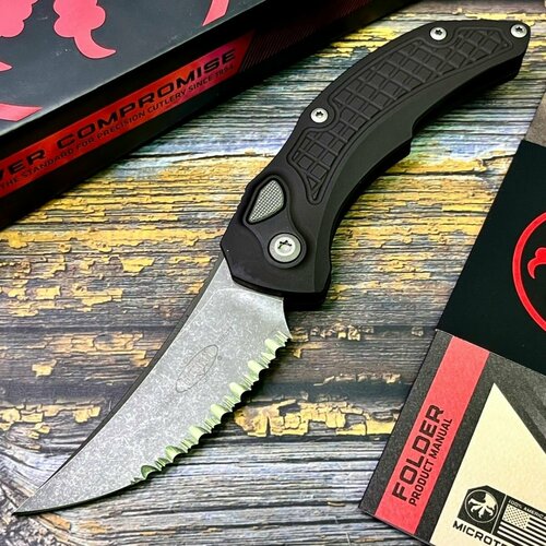 нож bastinelli creations bas233s chopper m390 black serrated blade black micarta handle Нож складной Microtech MCT268A12AP Auto Brachial Button Lock S/E