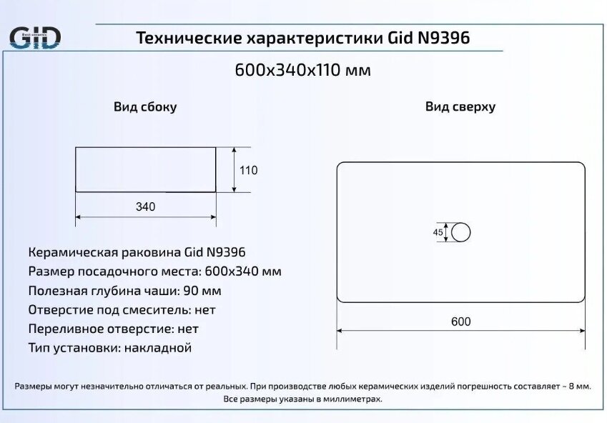 Раковина Gid WM9396 белая - фото №4