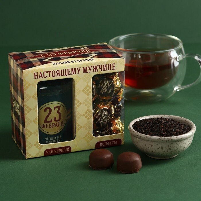 Фабрика счастья Набор «Настоящему мужчине»: чай чёрный со специями и имбирём 50 г, конфеты шоколадные 130 г.