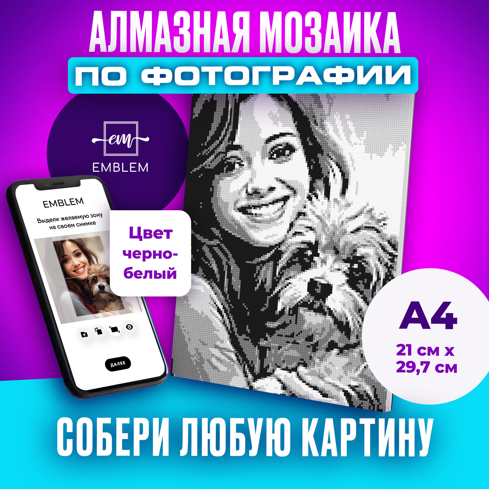 Алмазная мозаика по фотографии или картинке на подрамнике А4 BLACK-WHITE