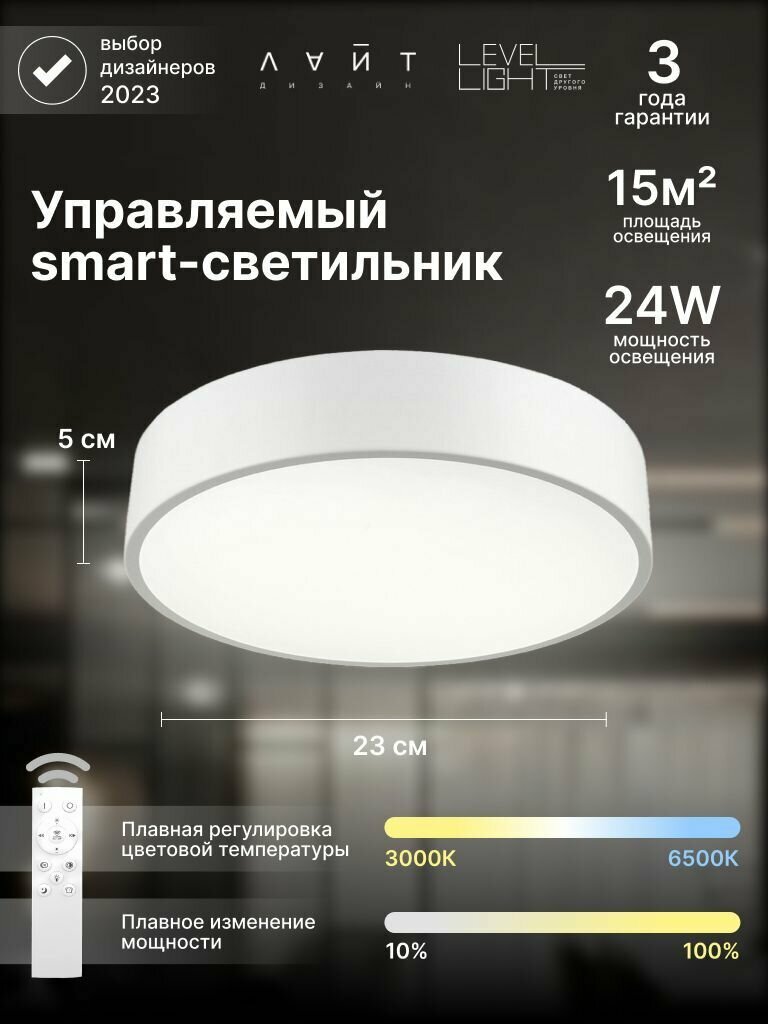 Светильник потолочный светодиодный Light Design с пультом ДУ 24 Вт 15 кв. м IP20 цвет белый LED круглый накладной в спальню детскую гостиную зал на кухню. Люстра потолочная Light Design