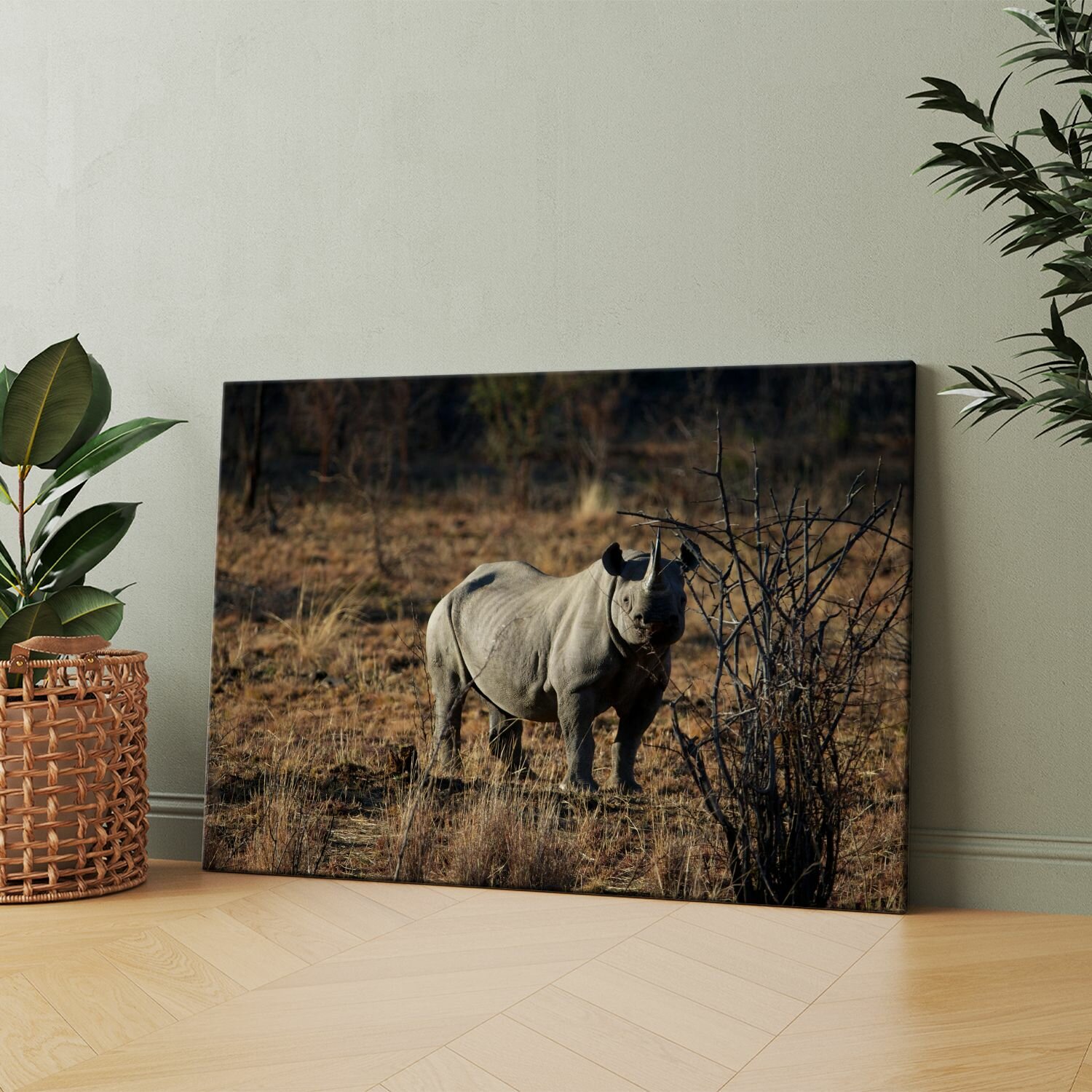 Картина на холсте (Носорог стоит на поле с сухой травой) 40x60 см. Интерьерная, на стену.