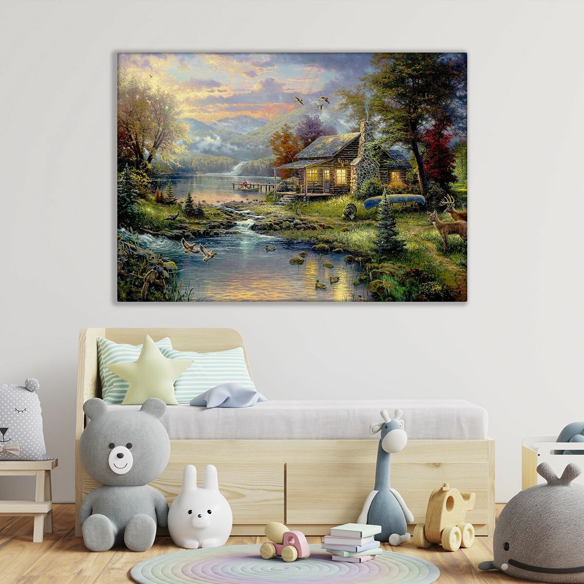 Картина на холсте (Сказочный лес, домик у озера, пейзаж, природа) 22 32 см/для интерьера/в комнату/на стену/в подарок