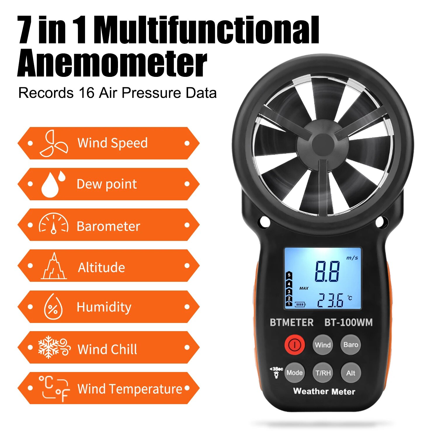 BTMETER BT-100-WM цифровой анемометр барометр ручной, для скорости ветра, температуры, тестер холода ветра, влажности