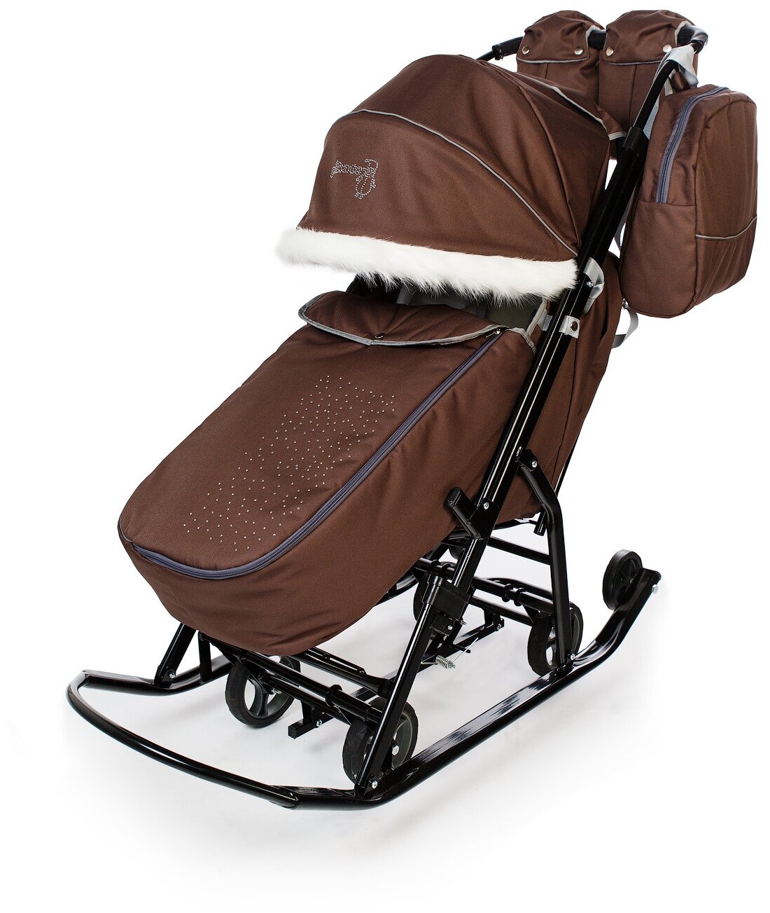 Санки-коляска Pikate Снеговик выдвижные колеса перекидная ручка сумка для мамы цвет Шоколад