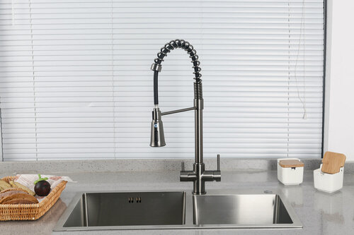 Изображение товара Смеситель для кухни(мойки) Gappo G4398-69, с подключением фильтра, гибкий излив, оружейная сталь