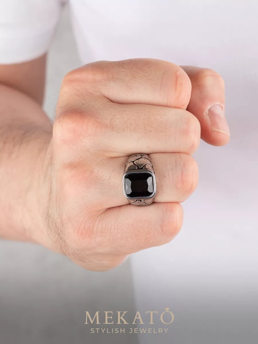 Печатка МЕКАТО, стекло, размер 23, серебряный, черный — фото 1