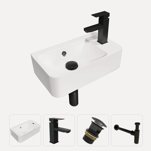 Изображение товара Раковина подвесная для ванной Teymi Hanna 45 правая в комплекте смеситель черный матовый донный клапан клик-клак с переливом черный и сифон черный F13132