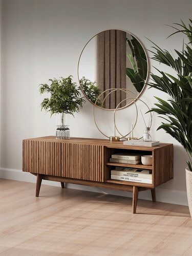 Изображение товара Тумба под телевизор напольная Puzzlemebel Келли, тумбочка для тв на ножках с реечным дизайном, длина 115 см, коричневый