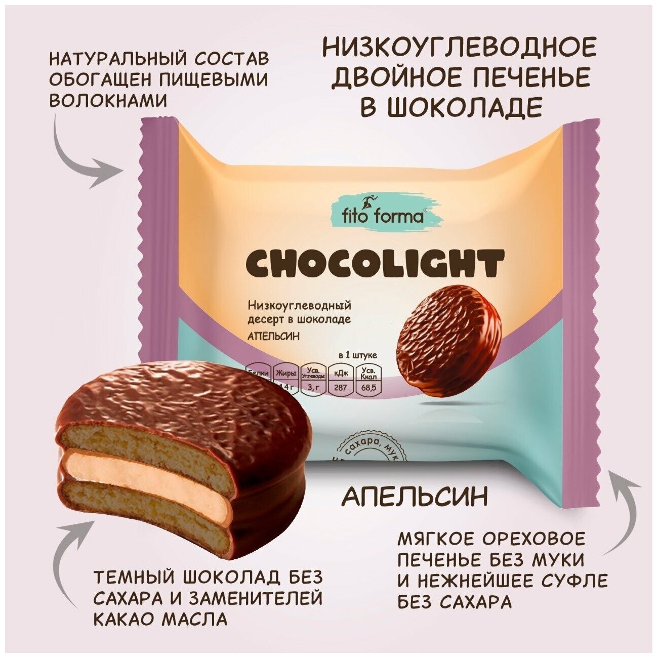 Низкоуглеводный ПП десерт, печенье в шоколаде без сахара Fito Forma ChokoLait Апельсин, 55 г - фотография № 3