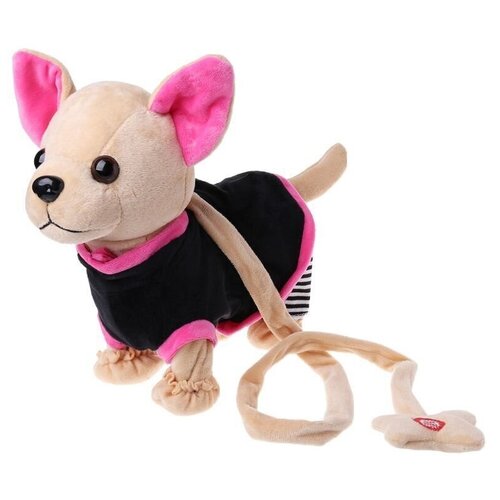 фото Интерактивная мягкая плюшевая игрушки для малышей и детей собачка в сумке на мягком поводке в тёмном костюмчике ch toys