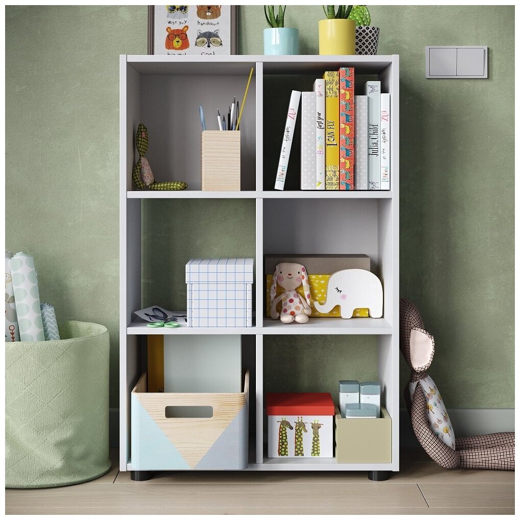 Стеллаж Kvadro-3 белый деревянный для хранения вещей, книг, игрушек, для дома и офиса, этажерка, полка 330х648х990 (ДхШхВ) - фотография № 6