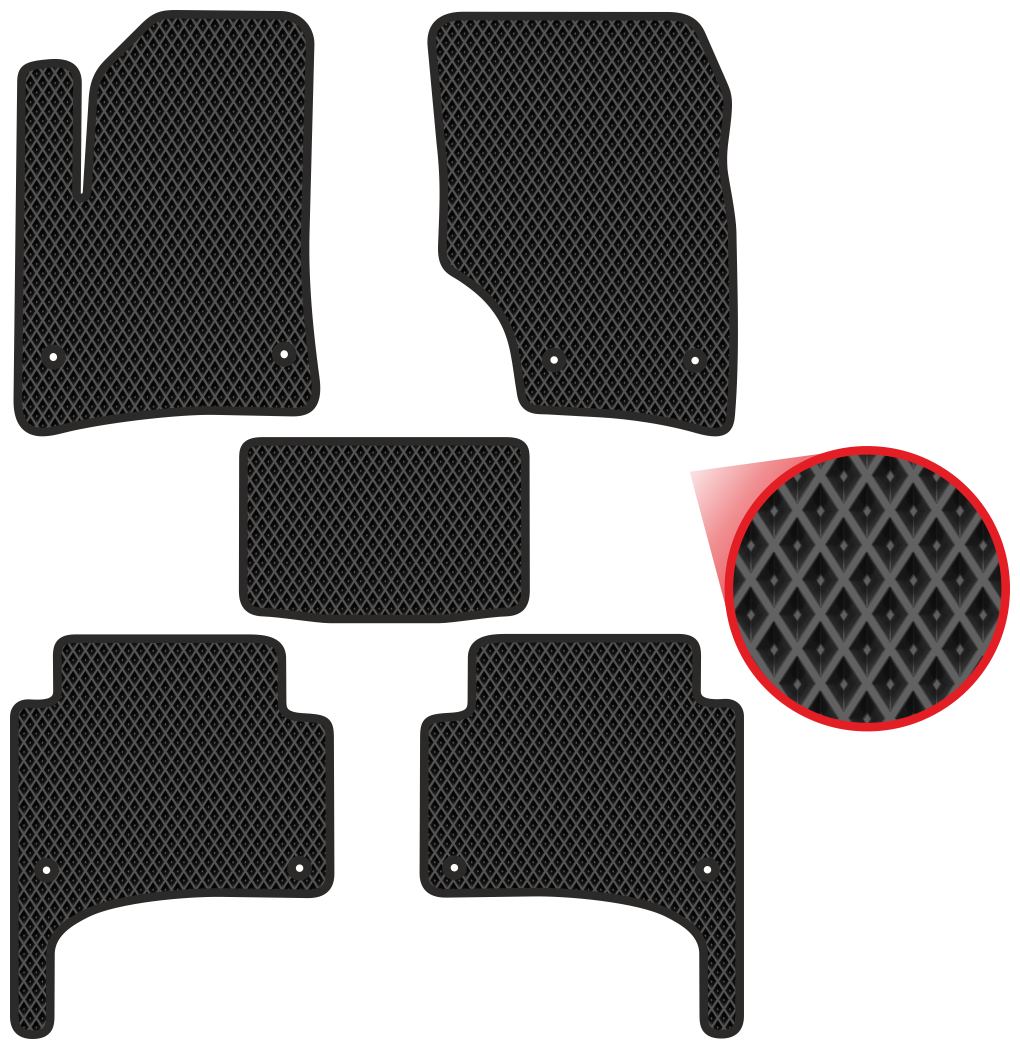 Автомобильные коврики EVA для Volkswagen Touareg I (2002-2010), чёрные с чёрным кантом, ячейка - ромб