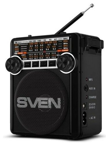 Sven Колонки SRP-355, черный, радиоприемник мощность 3 Вт RMS , FM AM SW, USB, SD microSD, фонарь, встроенный аккумулятор