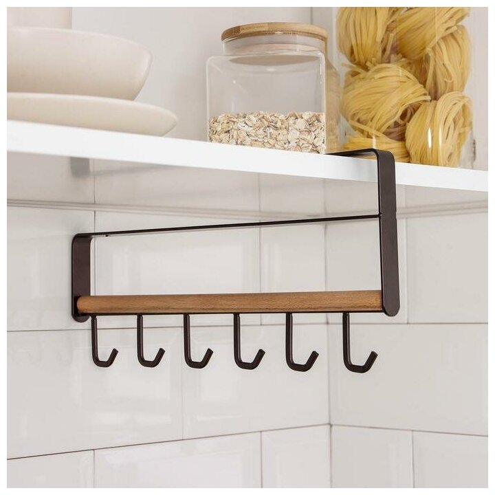 фото Держатель кухонный для кружек подвесной на 6 предметов, 30,5х15 см, цвет коричневый