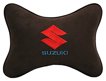 Автомобильная подушка на подголовник алькантара Coffee с логотипом автомобиля SUZUKI