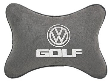 Автомобильная подушка на подголовник алькантара L.Grey с логотипом автомобиля VOLKSWAGEN GOLF