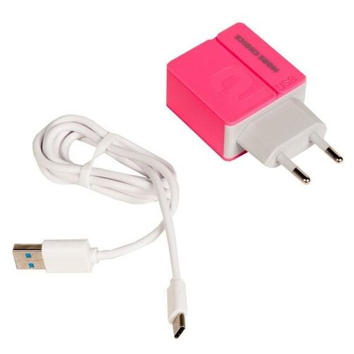 фото Зарядное устройство more choice nc46a, два разъема usb, кабель type-c, 5v, 2.4a, розовый