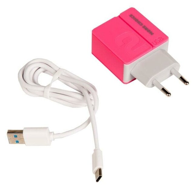 Блок питания (зарядное) More choice NC46a, два разъема USB, кабель Type-C, 5V, 2.4A, розовый