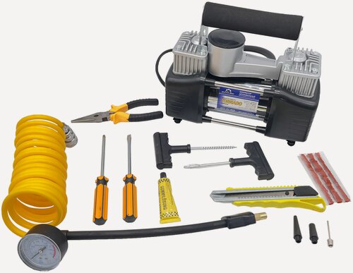 Изображение товара Компрессор автомобильный двухпоршневой "Master Mike" Tornado АС805 (60 л/мин, кейс, набор для ремонта шин)