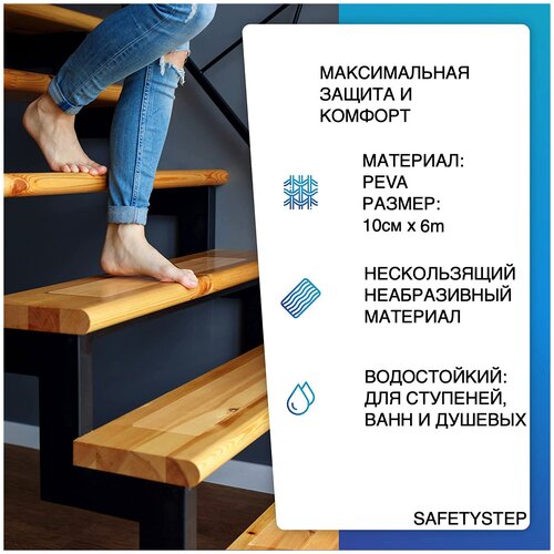 Противоскользящая лента Anti Slip Tape, неабразивная, для ванной, душа, ступеней, размер 100мм х 6м, цвет прозрачный, SAFETYSTEP