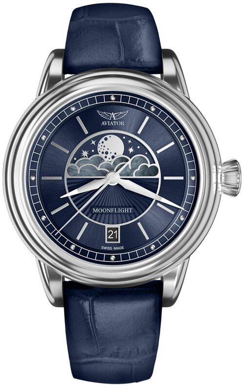 Наручные часы Aviator Douglas MoonFlight V.1.33.0.255.4, синий, серебряный