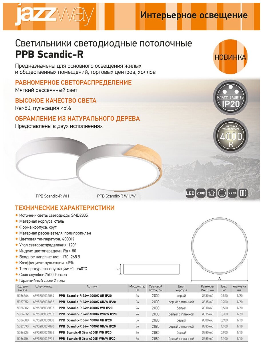 Светильник светодиодный декоративный PPB Scandic-R 36Вт 4000К IP20 d380х50 настенно-потолочный WH/W JazzWay 5036956 - фотография № 5