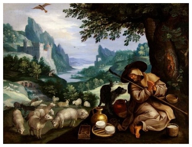 Репродукция на холсте Скалистый пейзаж с отшельником Венделинусом Брейгель Ян Младший 40см. x 30см.