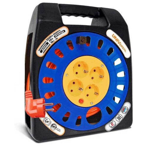 фото Удлинитель на катушке в закрытом корпусе 4 розетки 30м "universal" универсал у16-012 термо 2200вт с защитными шторками