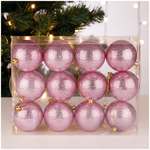 фото Набор елочных украшений "шары" (розовый/принт "кружочки", 8 см), 12 шт 00057 тутси