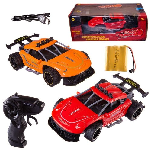 фото Машинка на радиоуправлении abtoys гоночная 2,4ггц, резиновые колеса (красная, оранжевая), аккумуляторный блок 1:18 junfa toys
